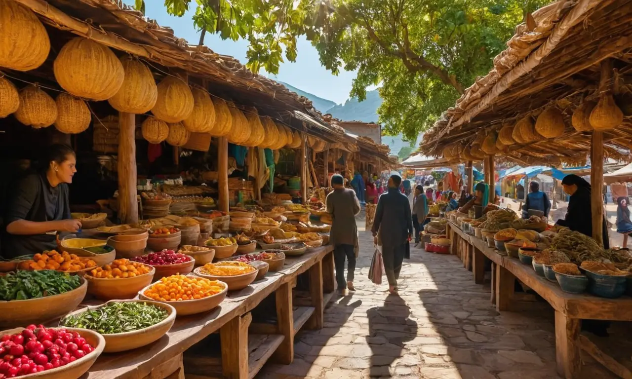 Marché vibrant, artisans, couleurs et interactions culturelles