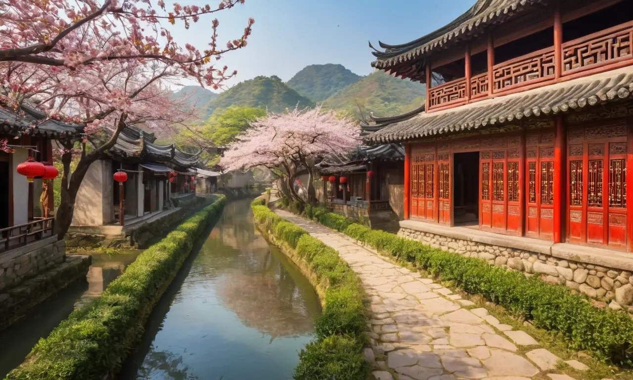 Scène paisible dun village chinois traditionnel
