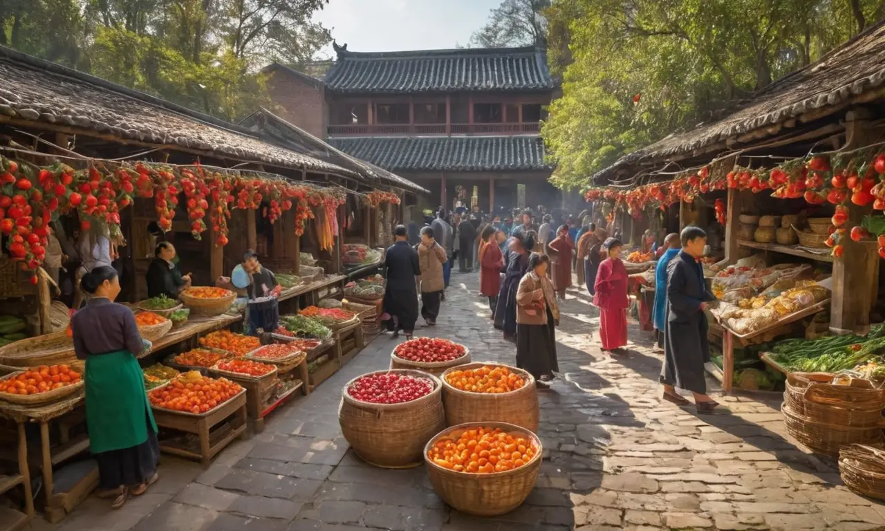 Scène animée dun marché chinois ancien