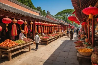 Marché chinois animé avec soie et poterie