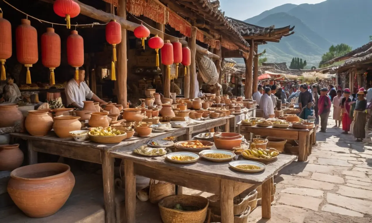 Marché chinois ancien, couleurs vives et animations