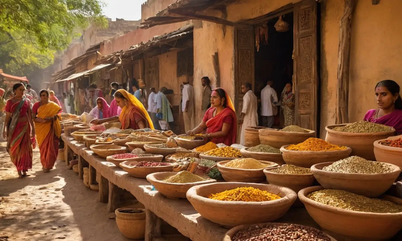 Marché indien animé, couleurs vibrantes, héritage riche