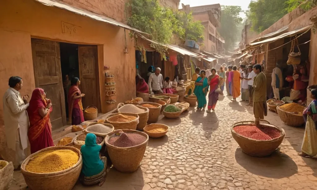 Marché indien ancien animé de couleurs et d’échanges