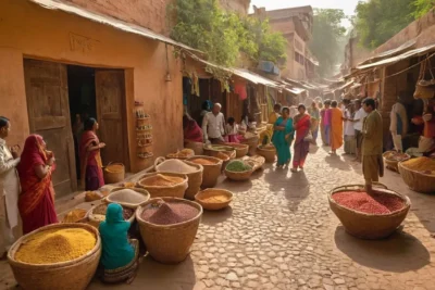 Marché indien ancien animé de couleurs et d’échanges