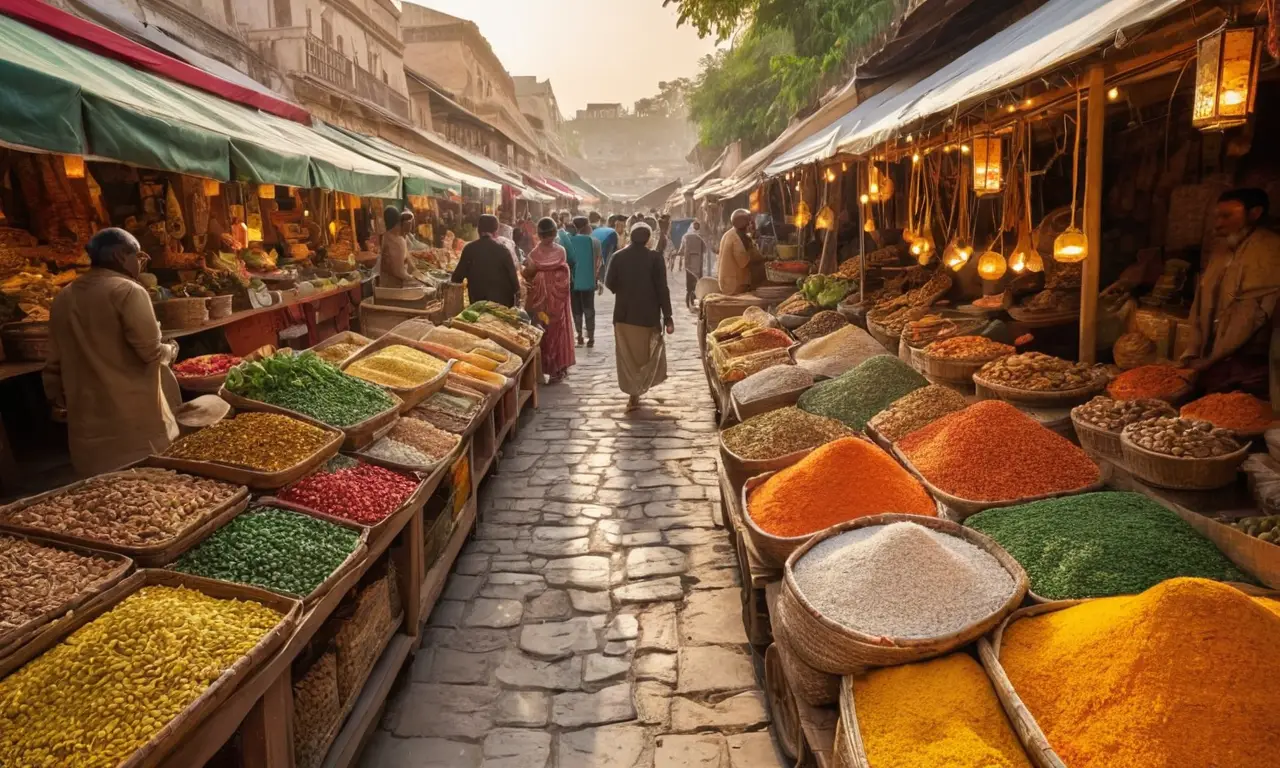 Marché ancien vibrant de vie et couleurs