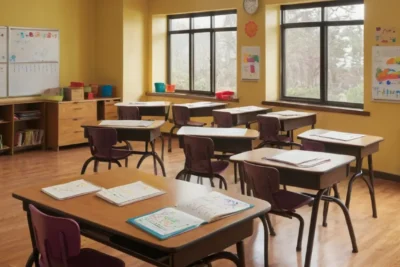 Salle de classe lumineuse et collaborative