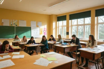 Classe animée avec étudiants concentrés et lumière
