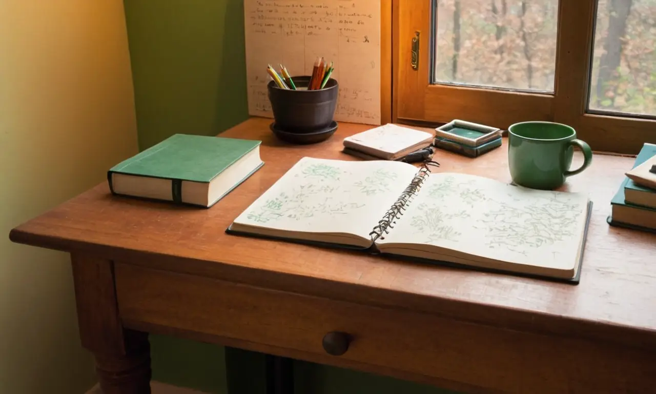 Bureau en bois, notes éparpillées, ambiance studieuse