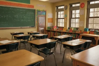 Salle de classe animée avec lumière chaleureuse