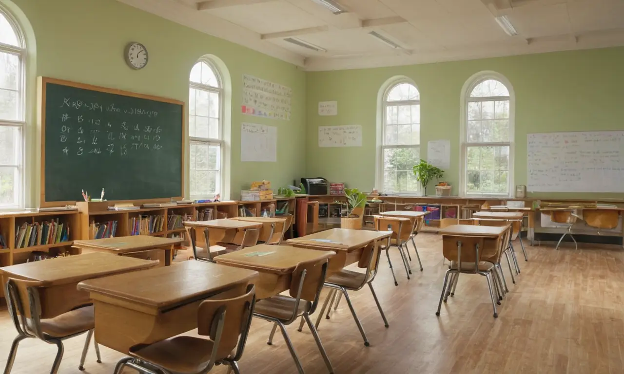 Salle de classe ensoleillée, élèves concentrés
