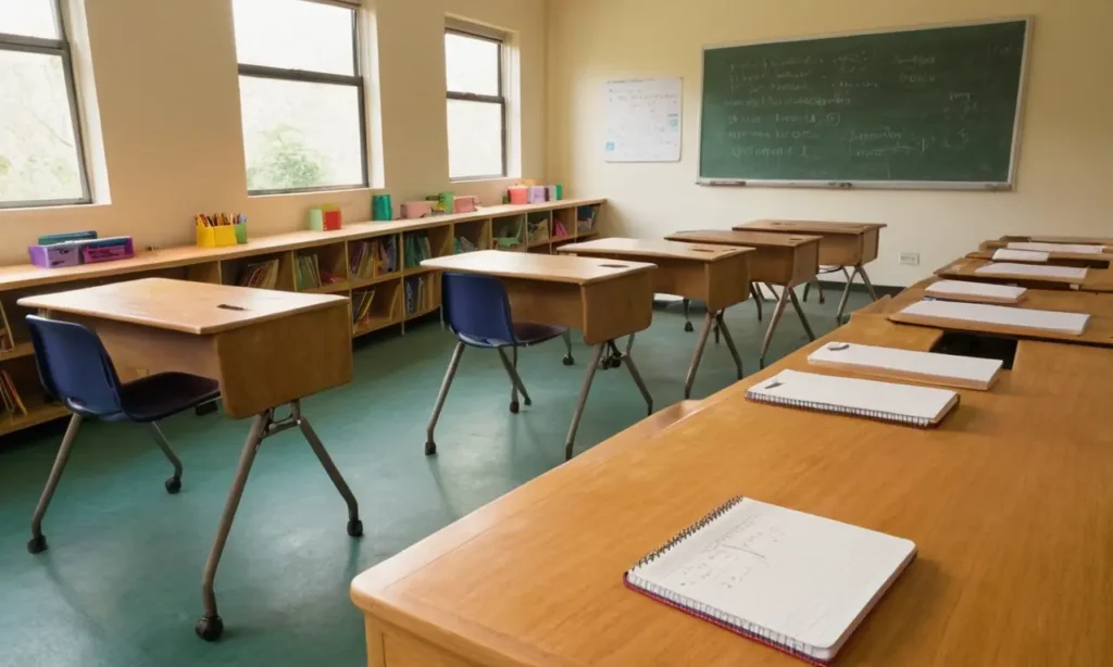 Salle de classe avec bureaux en bois