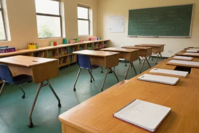 Salle de classe avec bureaux en bois