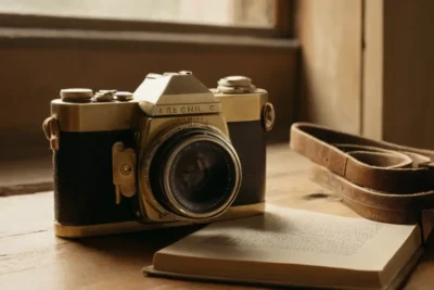 Appareil photo vintage sur table en bois