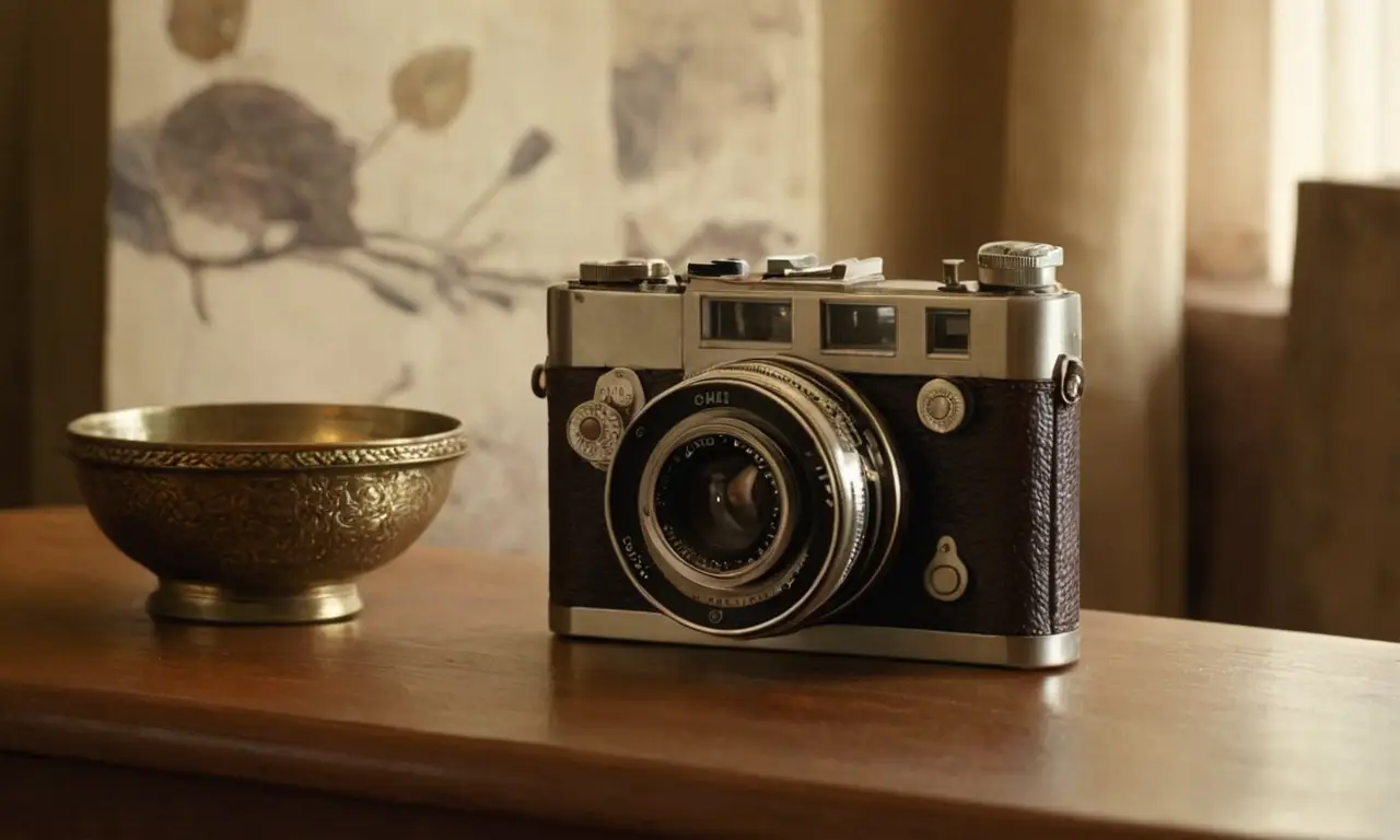 Une caméra vintage sur une table en bois