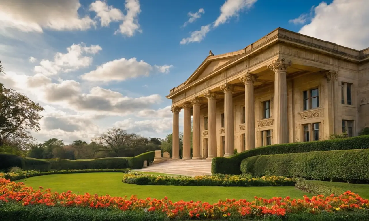 Bâtiment néoclassique majestueux entouré de jardins