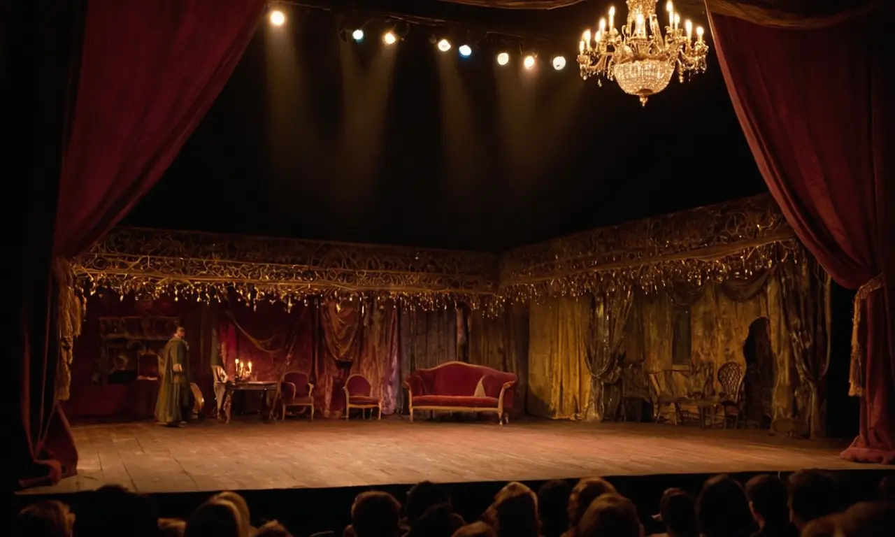Scène théâtrale sombre, ambiance mystérieuse et immersive