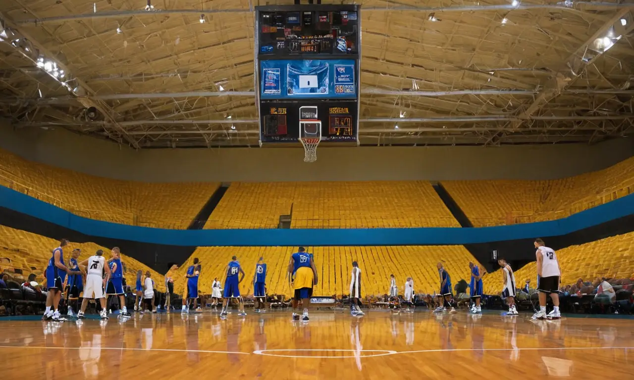 Terrain de basket coloré, joueurs concentrés et motivés