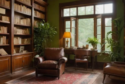 Une bibliothèque chaleureuse mêlant livres et confort