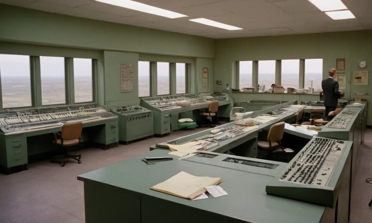 Salle de contrôle vintage avec ambiance urgente