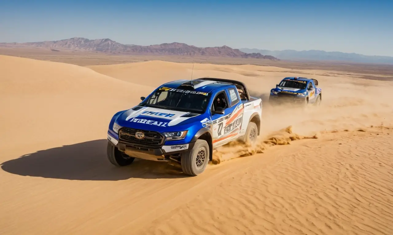 Dunes dorées, véhicules de rallye en action