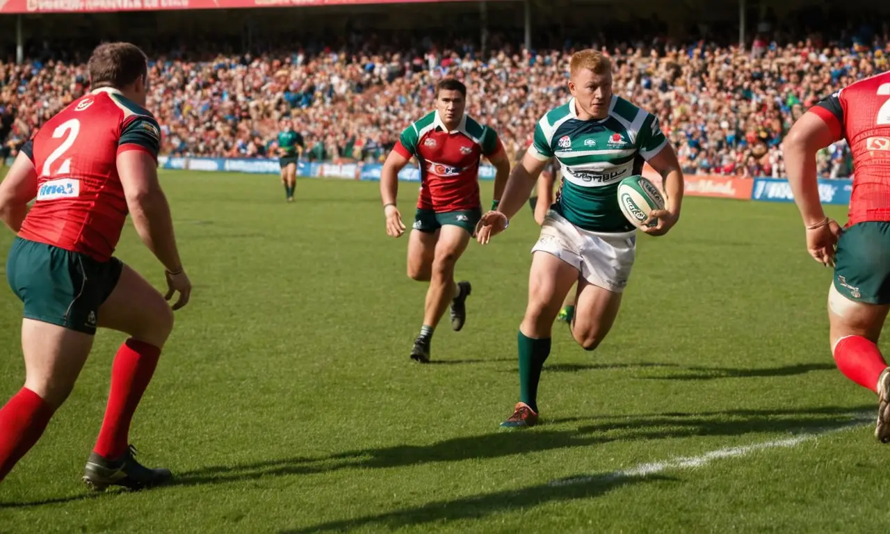 Terrain de rugby animé sous un ciel bleu