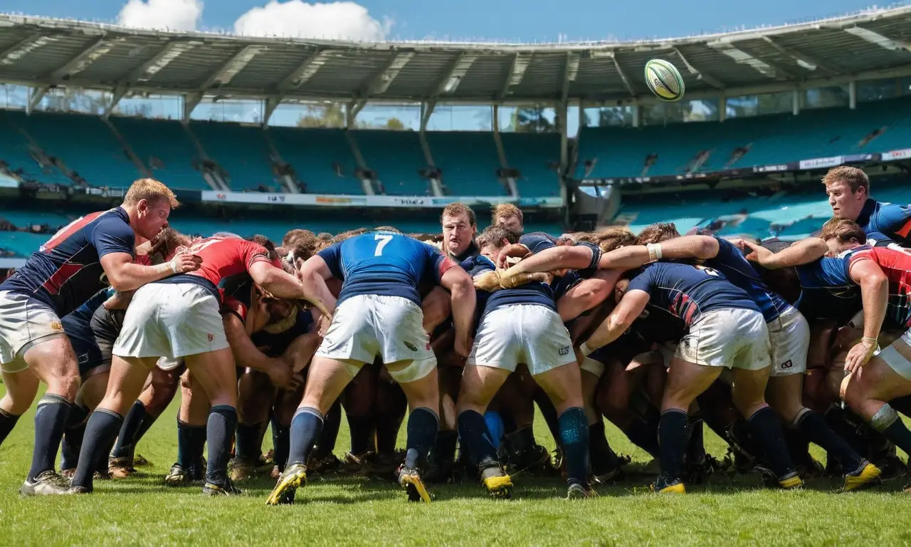 Terrain de rugby animé sous un ciel bleu