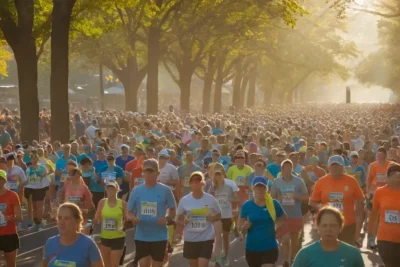 Couloir de marathon animé sous un soleil