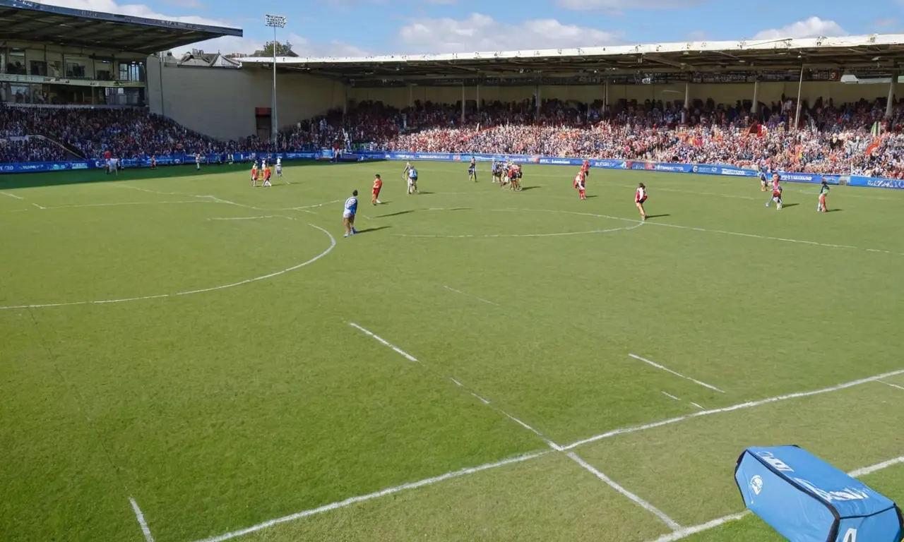 Terrain de rugby animé sous un ciel bleu