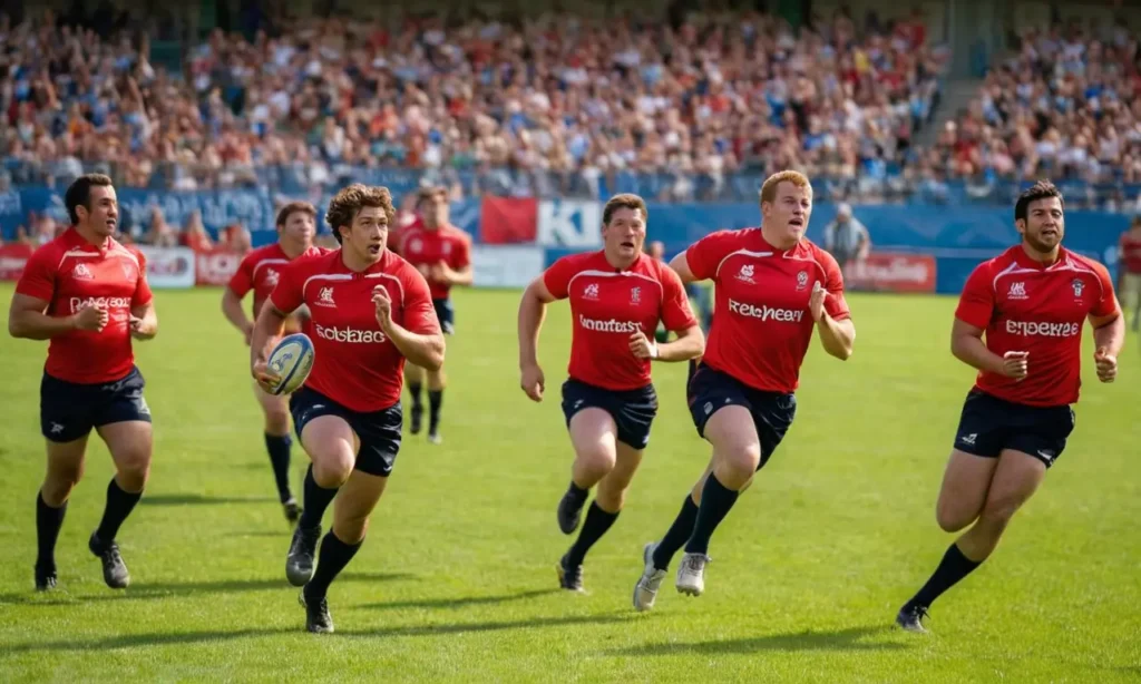 Scène de rugby dynamique sous un soleil éclatant