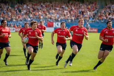 Scène de rugby dynamique sous un soleil éclatant