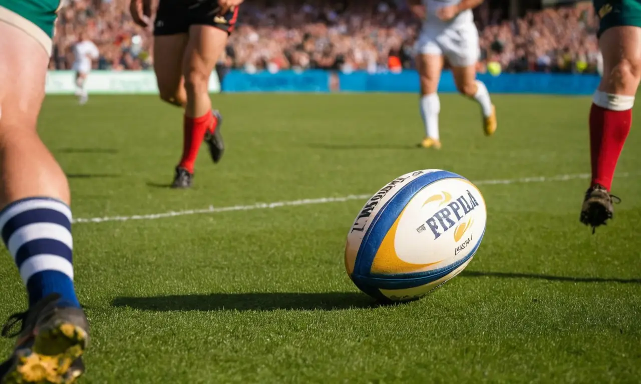 Terrain de rugby vibrant sous un ciel bleu