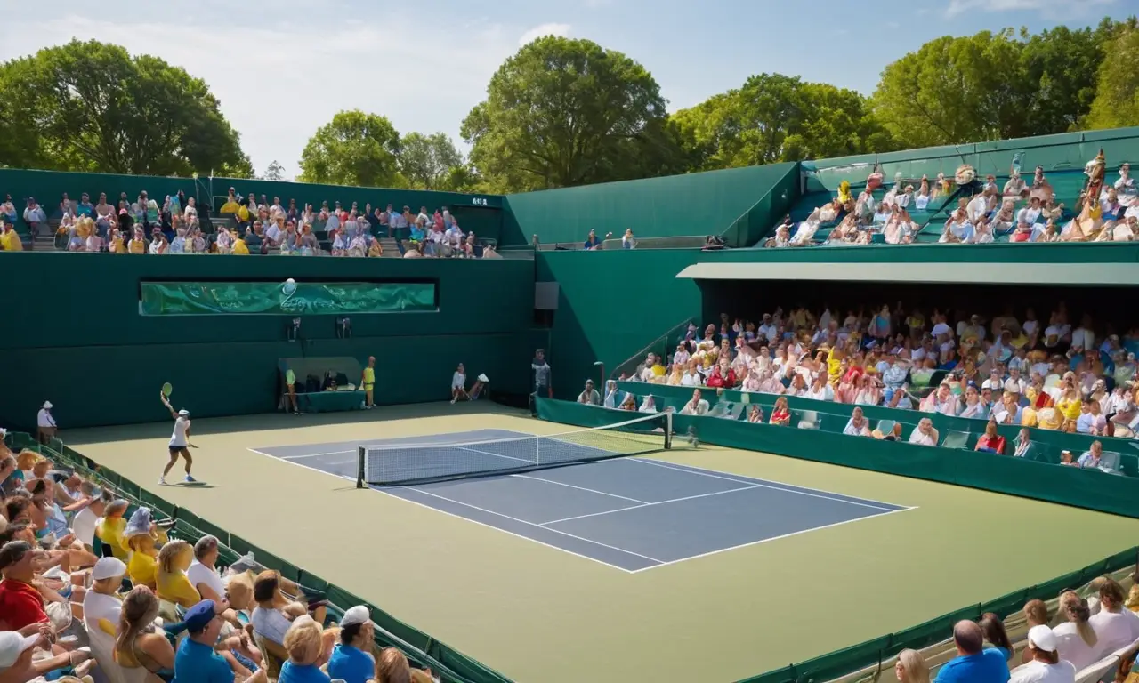 Terrain de tennis ensoleillé, action intense
