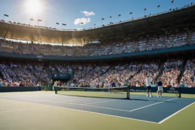 Terrain de tennis animé sous un ciel ensoleillé
