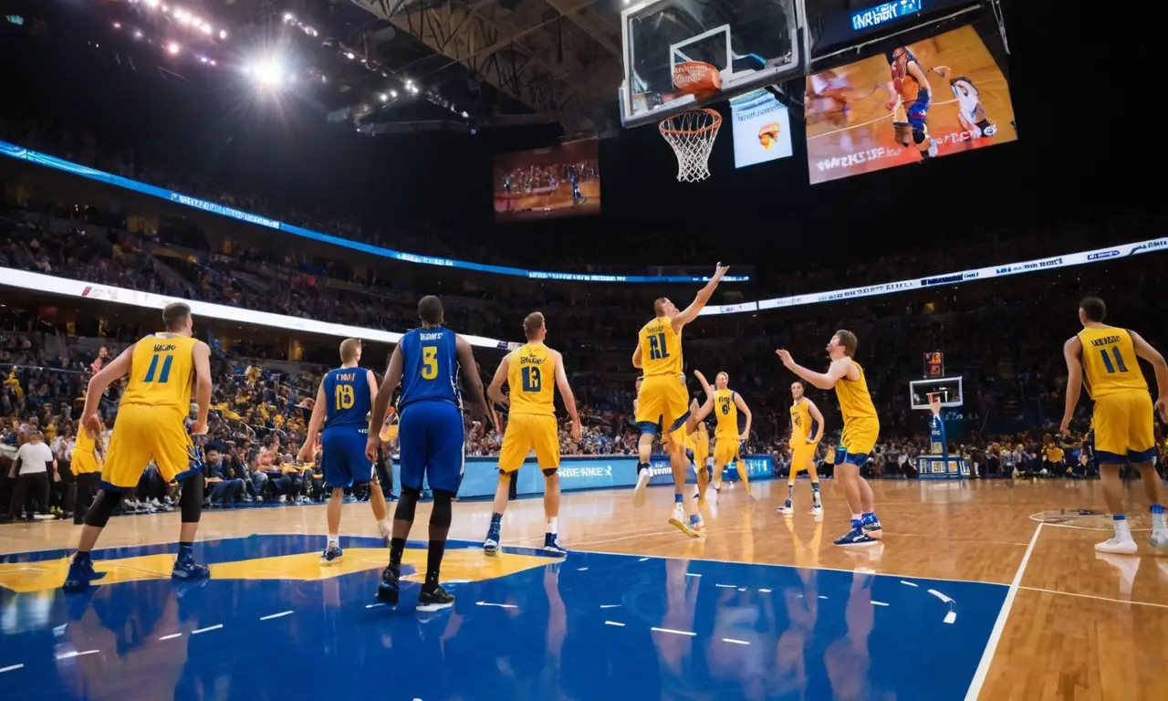 Terrain de basket vibrant, énergie intense et anticipation