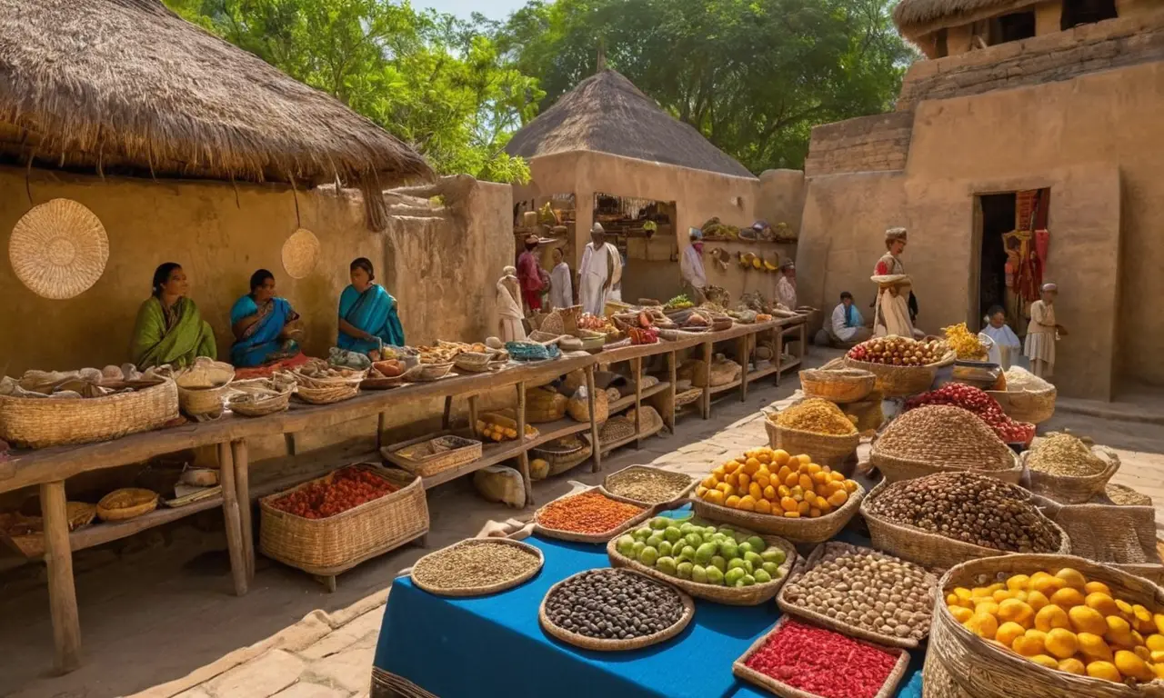 Marché aztèque animé, couleurs vives et culture