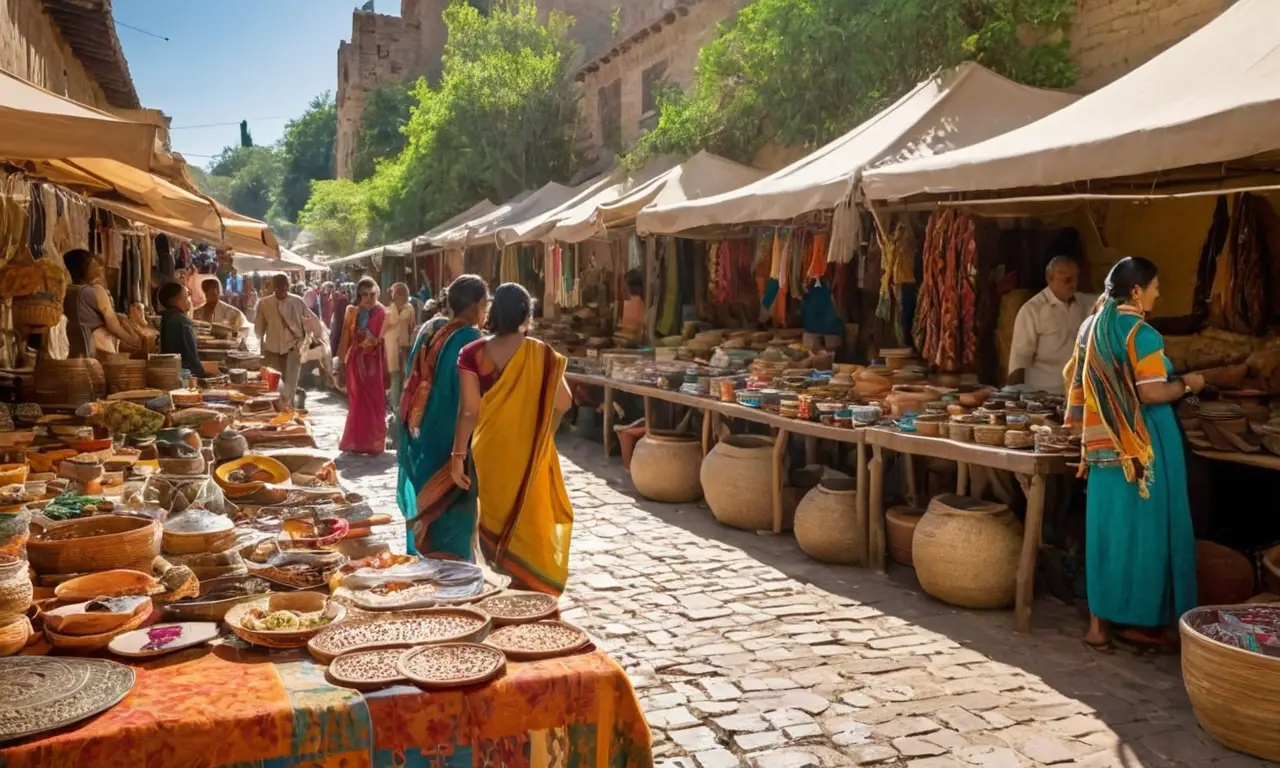 Marché animé avec artisans et couleurs vives