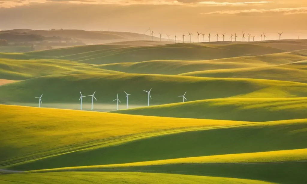 Un paysage serein avec éoliennes et champs