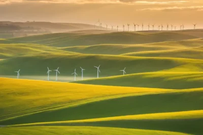Un paysage serein avec éoliennes et champs
