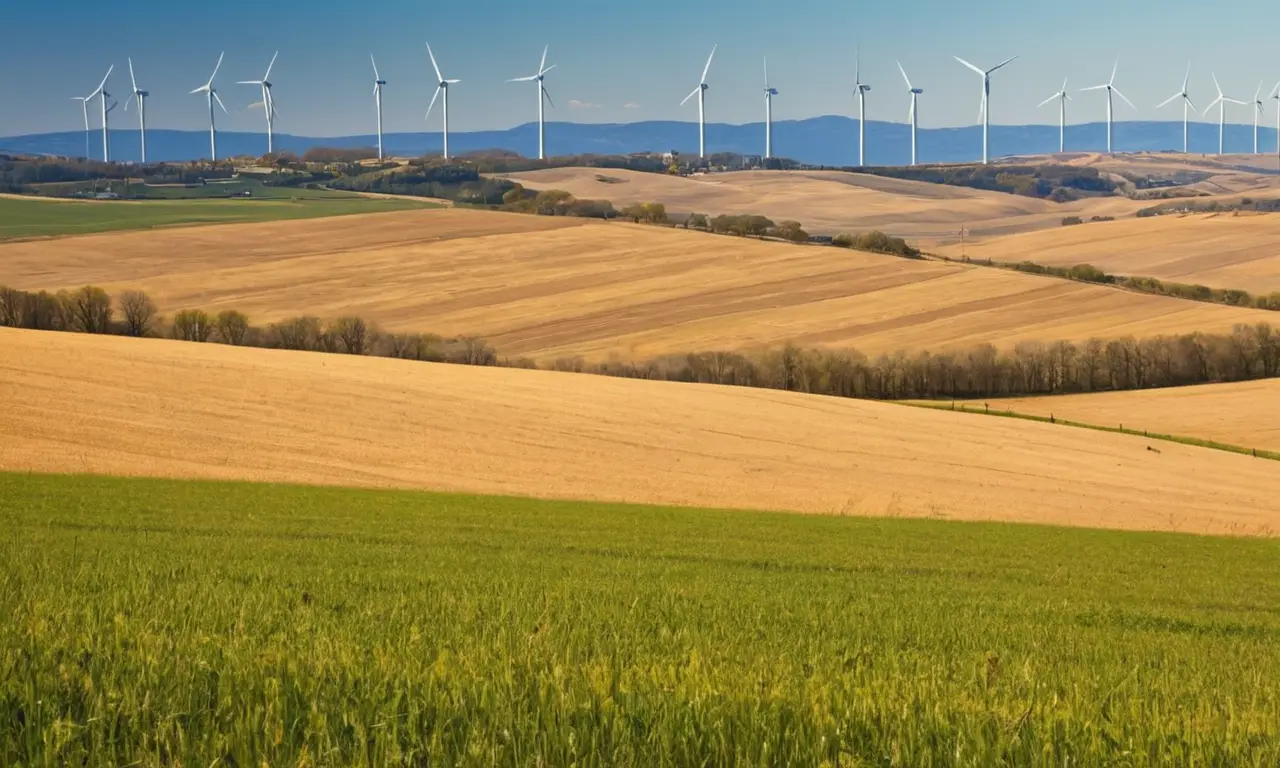Un paysage énergique avec éoliennes et champs