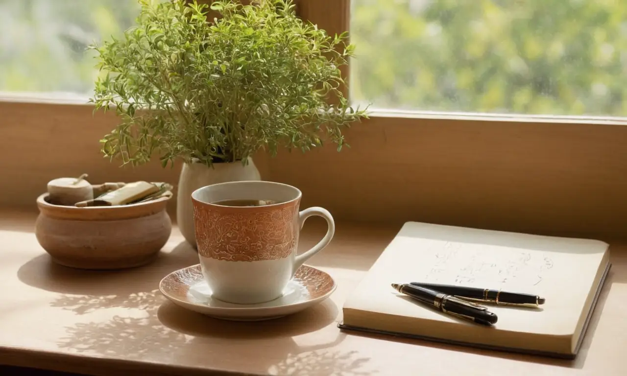 Table en bois avec thé et notes
