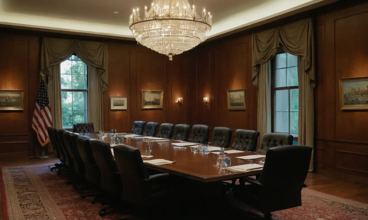 Salle de conférence sombre, tension palpable