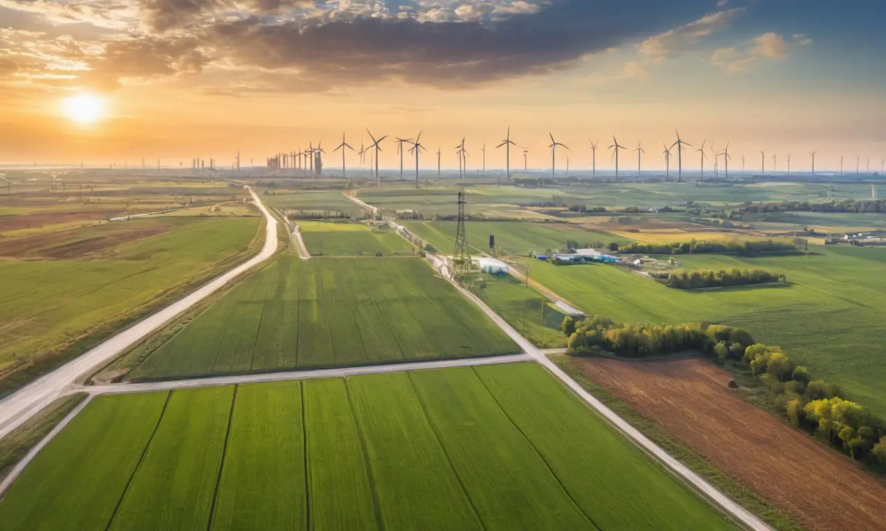 Paysage industriel avec énergies renouvelables et nature