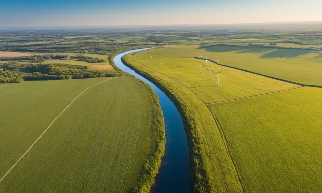 Un paysage vaste de panneaux solaires et éoliennes