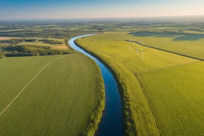 Un paysage vaste de panneaux solaires et éoliennes