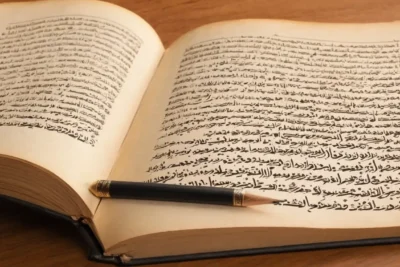 Manuel arabe ouvert sur un bureau en bois