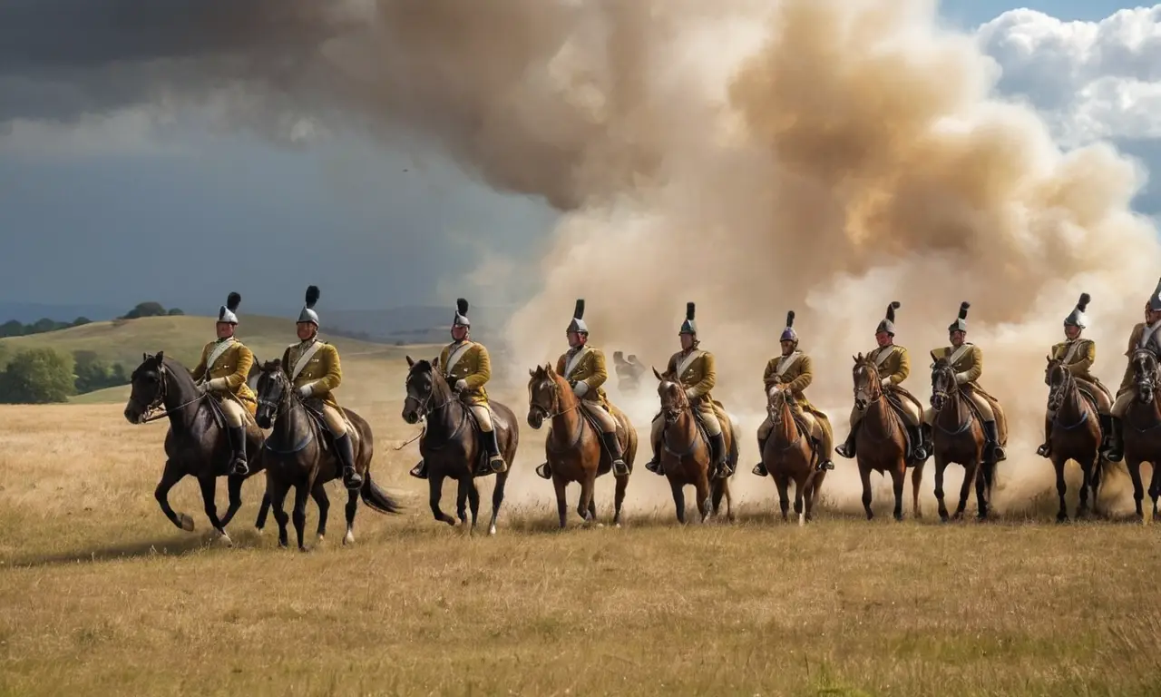 Champ de bataille dramatique avec soldats et chevaux