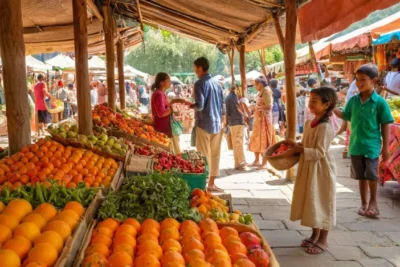 Un marché vibrant avec des gens divers