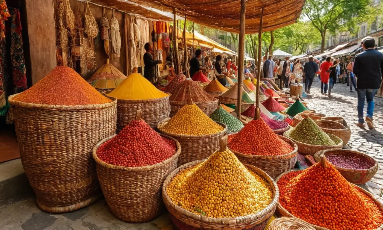 Marché animé avec culture et couleurs vibrantes