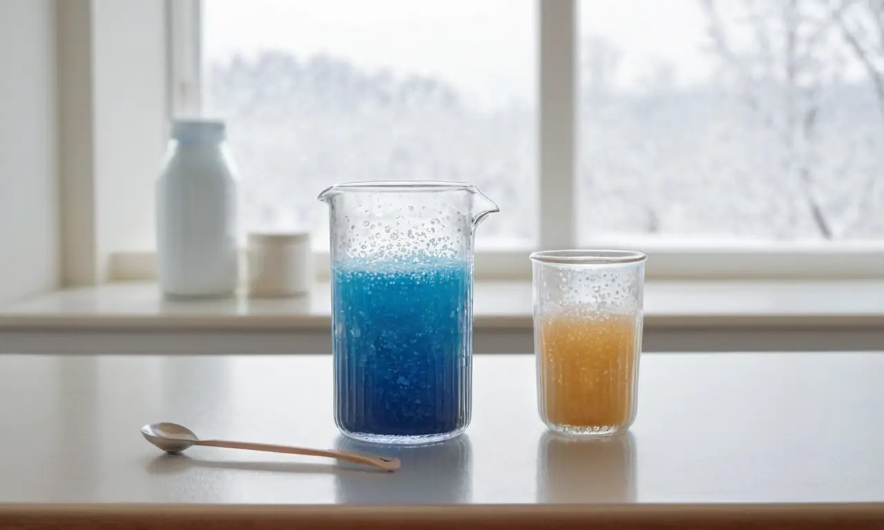 Un bécher, liquide clair et sel au fond