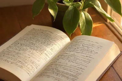 Un livre ouvert sur un bureau en bois